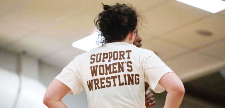 Lehigh women's club wrestling junior Tess McGinley sports a "support women's wrestling" t-shirt. (Holly Fasching/B&W Staff)